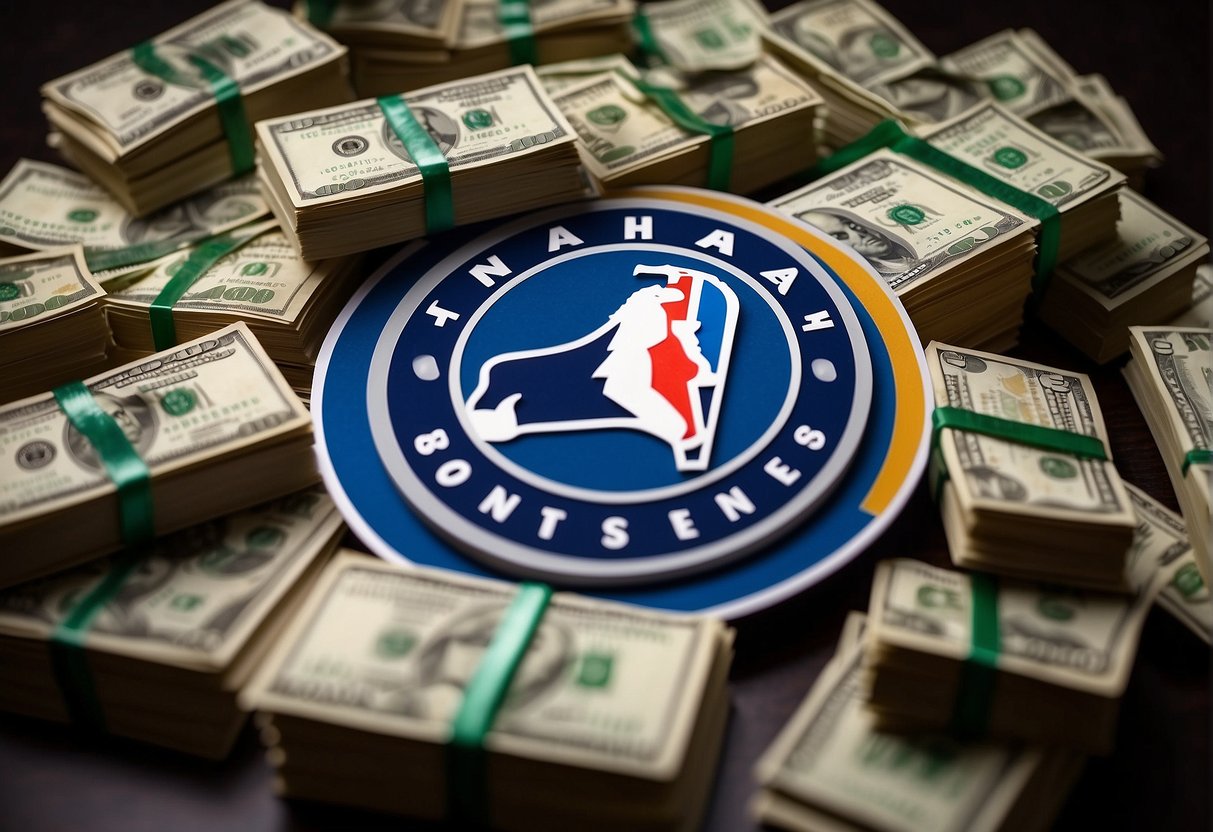 NBA team logos surrounded by stacks of money and financial documents