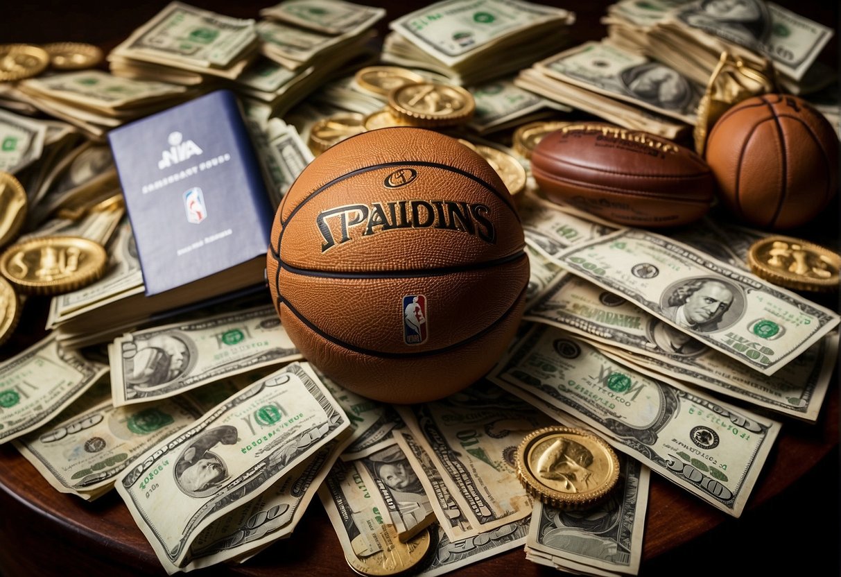NBA owners' wealth influenced by external factors. Show fluctuating income sources, economic trends, and global events impacting financial gains