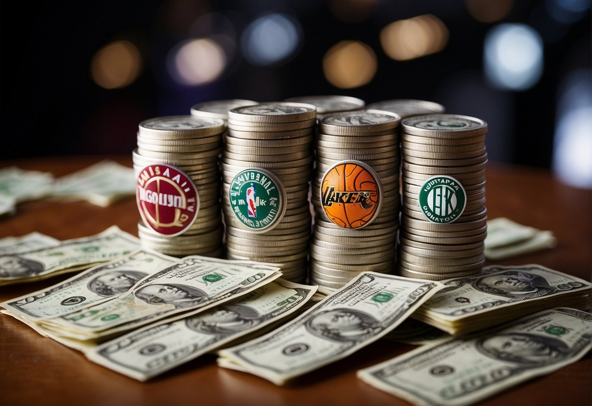 A group of NBA team logos surrounded by stacks of money, symbolizing the financial challenges and wealth associated with team ownership