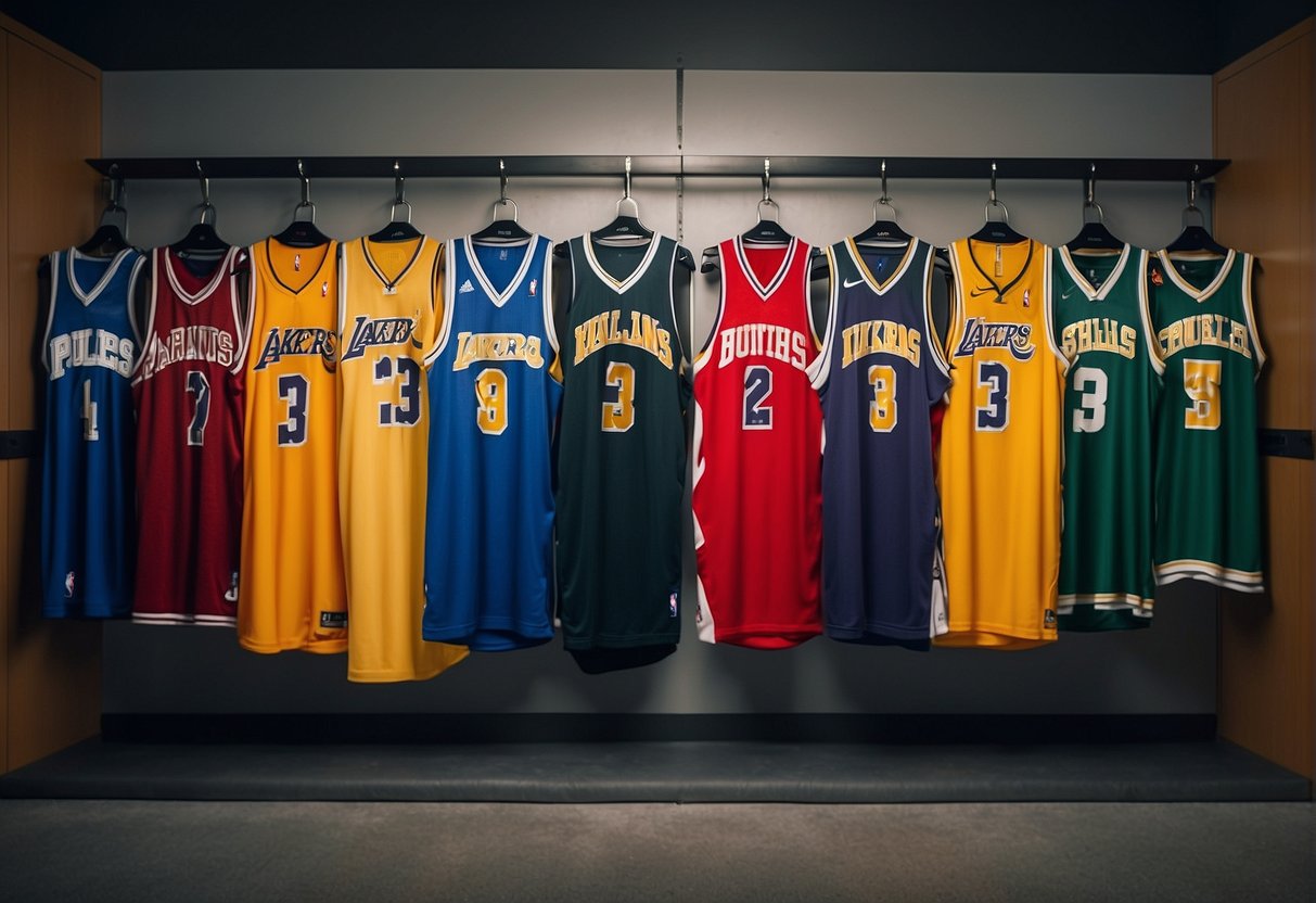 NBA jerseys organized in locker room, hung neatly on individual hooks