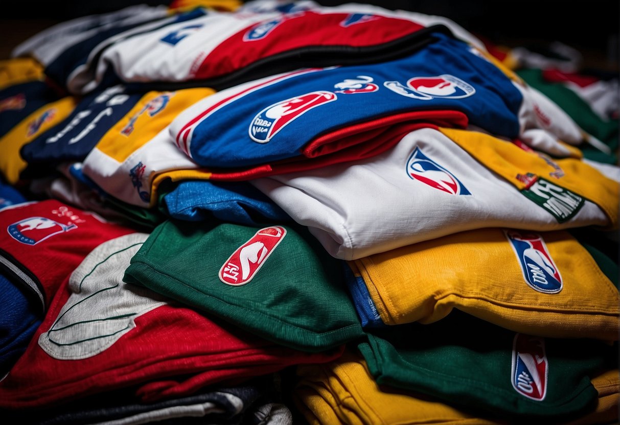 A pile of freshly laundered NBA jerseys sits neatly folded, ready for the players to don for the upcoming game
