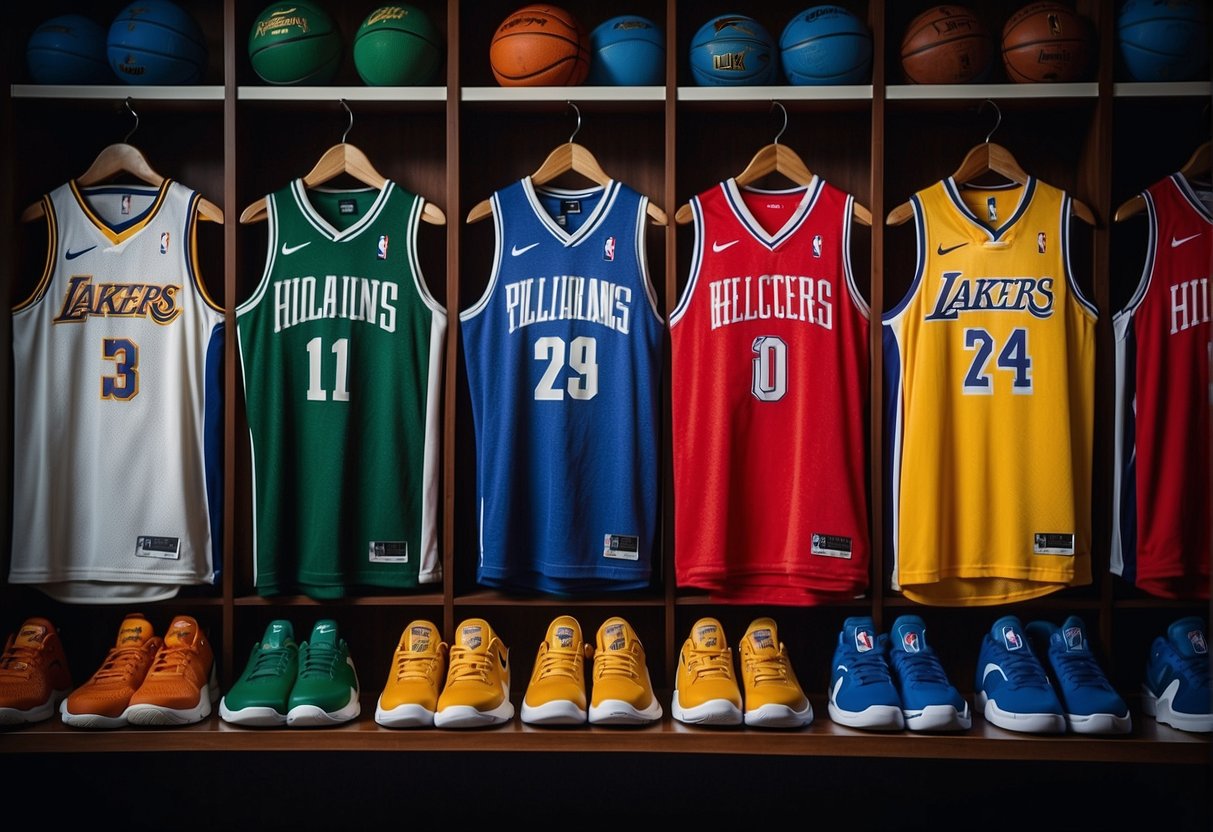 NBA jerseys stacked neatly in a locker room, waiting to be worn