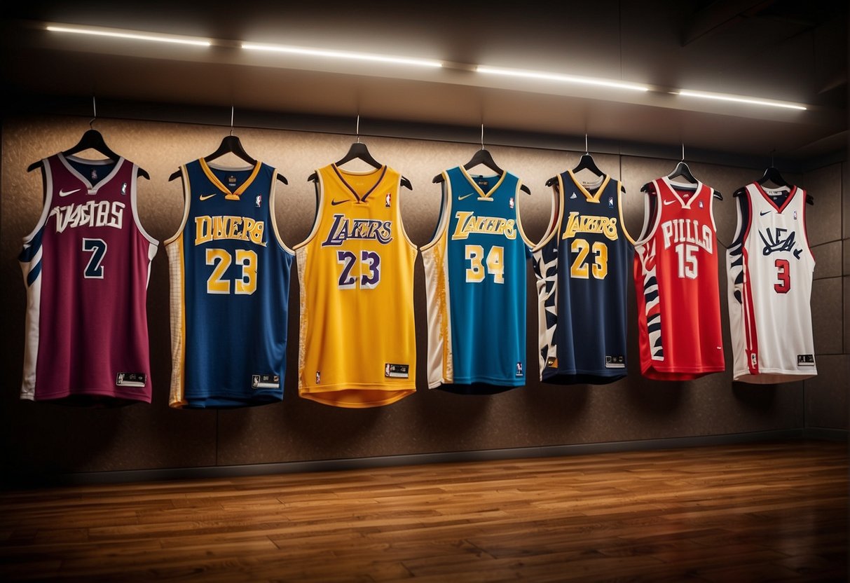 A row of NBA jerseys hangs on a wall, each representing a different team with vibrant colors and bold logos, symbolizing the cultural impact of the sport