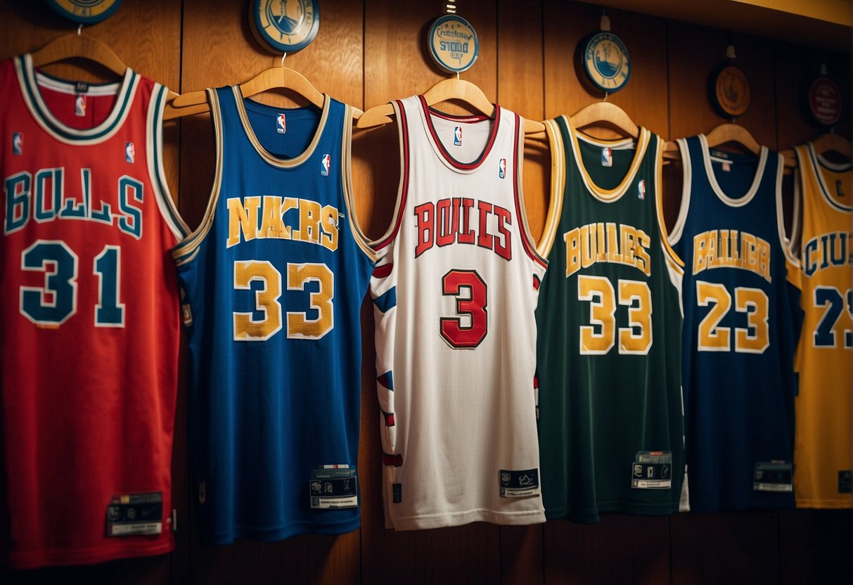 Iconic NBA jerseys hang on a wall, with player names and numbers