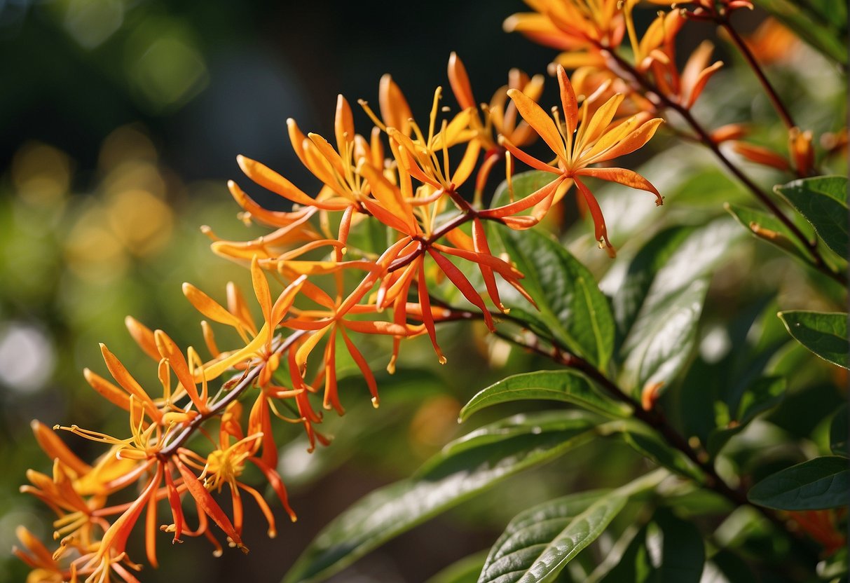 Firebush intertwines with care and cultivation, thriving in the warm sunlight. Vibrant leaves and delicate flowers create a harmonious display
