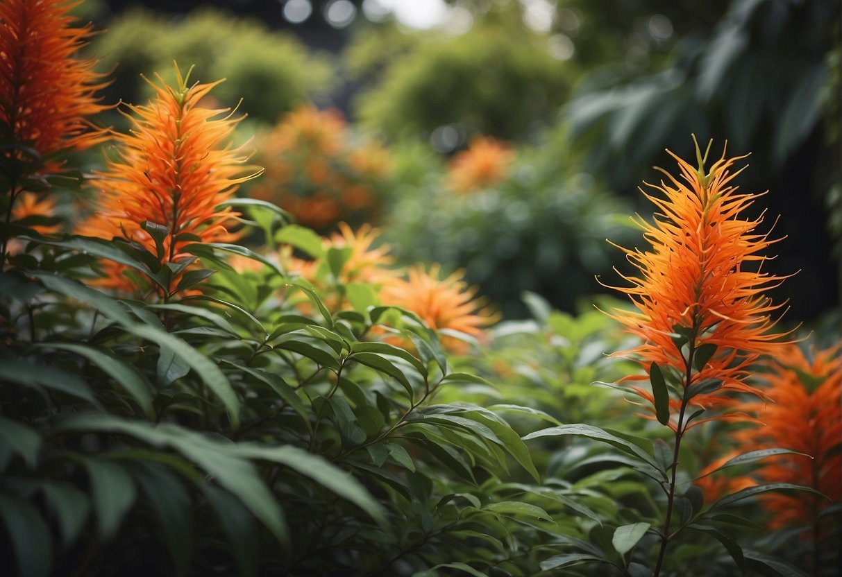 Lush firebush and care plants intertwine, creating a vibrant and dynamic garden scene