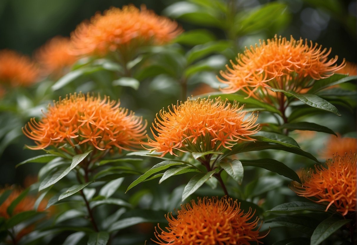 Firebush blooms in late summer, with vibrant red-orange flowers adorning the green foliage. The plant requires regular watering and well-drained soil for optimal growth