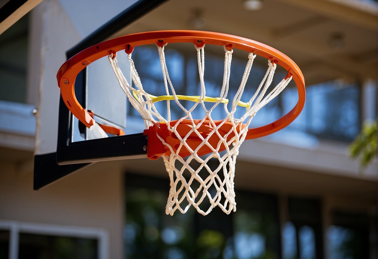 An NBA hoop stands 10 feet high above the basketball court, with a standard diameter of 18 inches