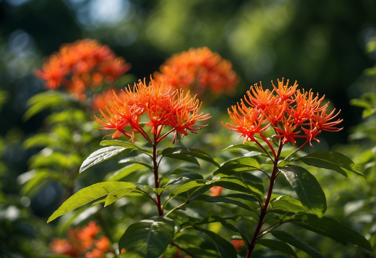 Firebush blooms in late spring, with vibrant red flowers and lush green leaves. The scene is set in a garden, with the plant surrounded by other colorful flora