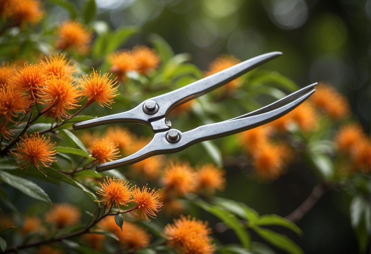 The Mexican firebush is being pruned in a garden setting, with a pair of gardening shears cutting back the overgrown branches to maintain its shape and promote new growth