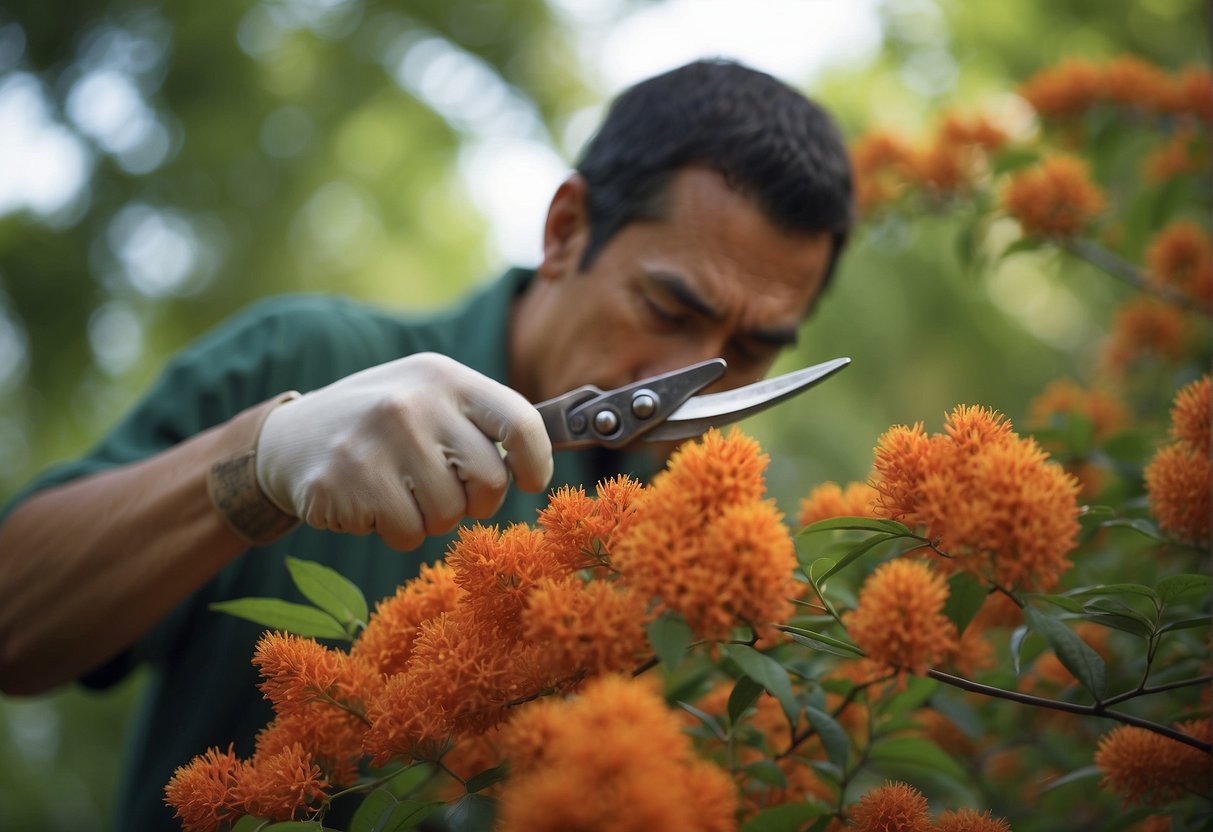 A gardener trims Mexican firebush with pruning shears, removing dead or overgrown branches