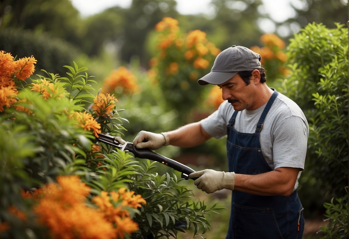 A gardener trimming Mexican firebush, surrounded by a variety of pruning tools and a list of frequently asked questions about when to prune the plant