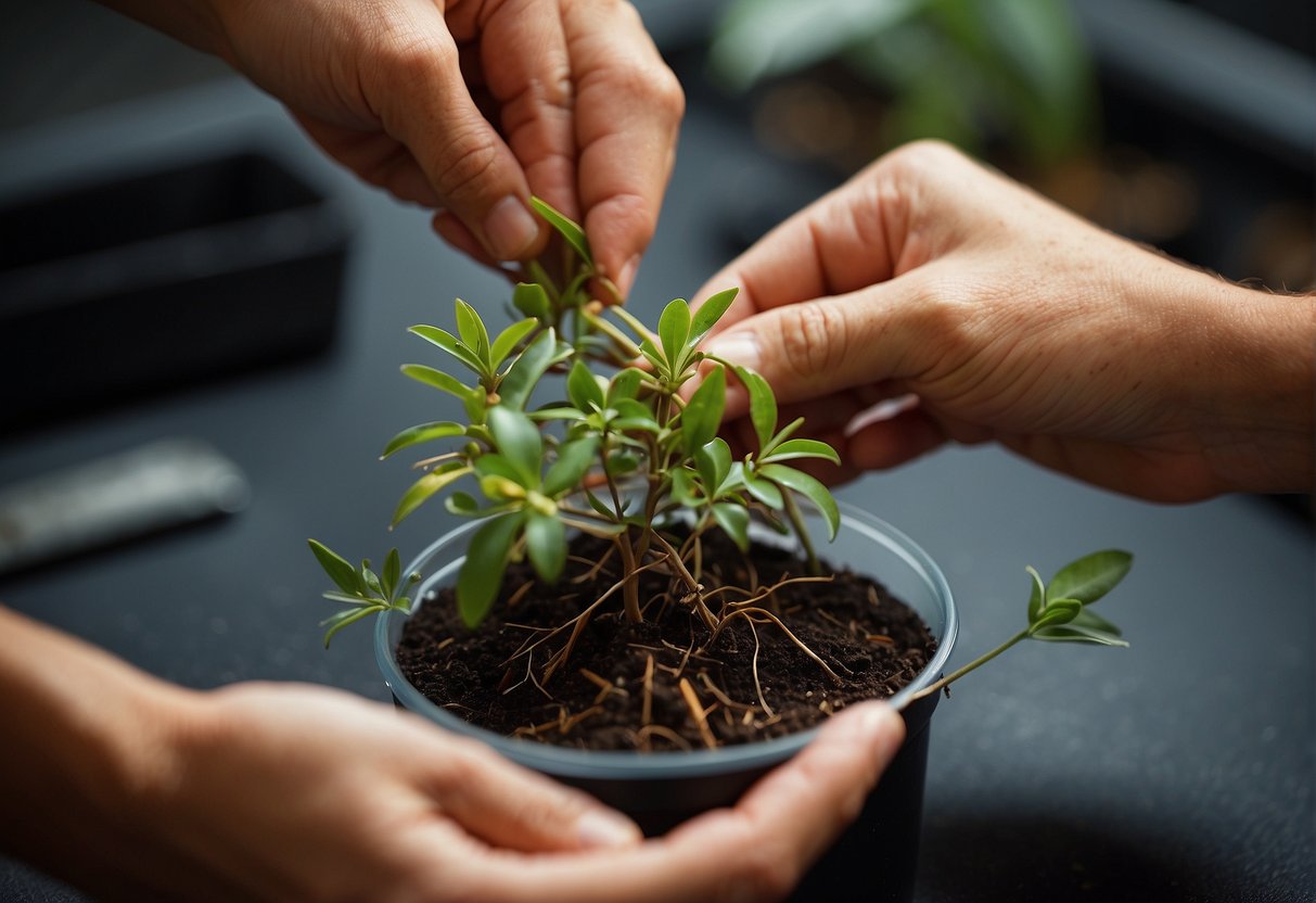 A pair of hands carefully snipping a healthy firebush stem, placing it into a small container of water to encourage root growth. A labeled FAQ sheet lies nearby