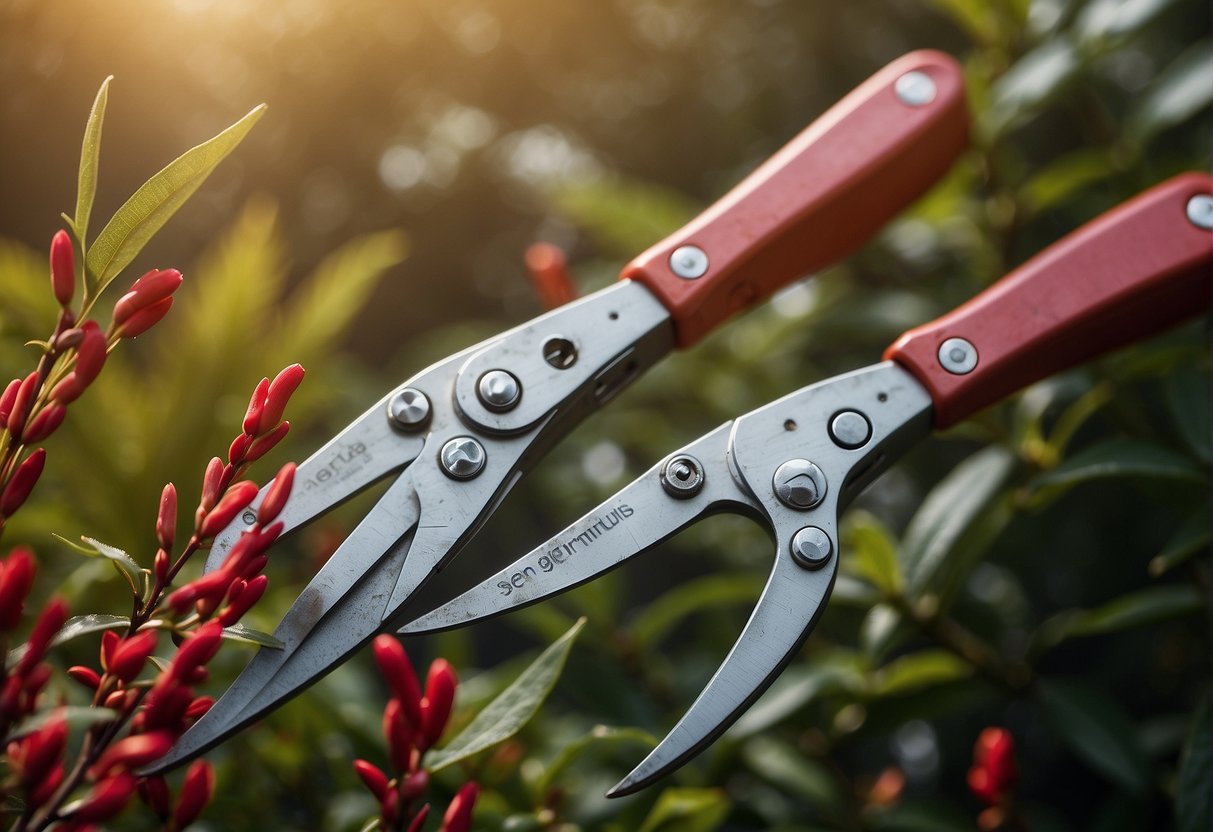 A pair of pruning shears cutting back a firebush in a well-maintained garden