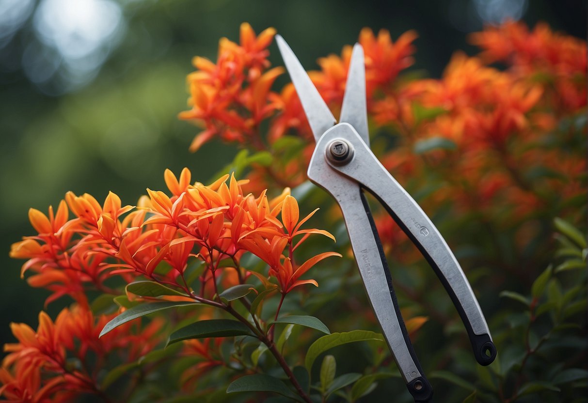 A pair of gardening shears hovers over a vibrant firebush, ready to trim. A FAQ list titled "When can I trim a firebush" sits nearby
