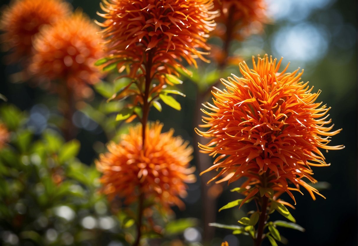 A vibrant firebush plant stands tall, reaching a height of 8-12 feet. Its slender branches are adorned with clusters of bright red-orange tubular flowers