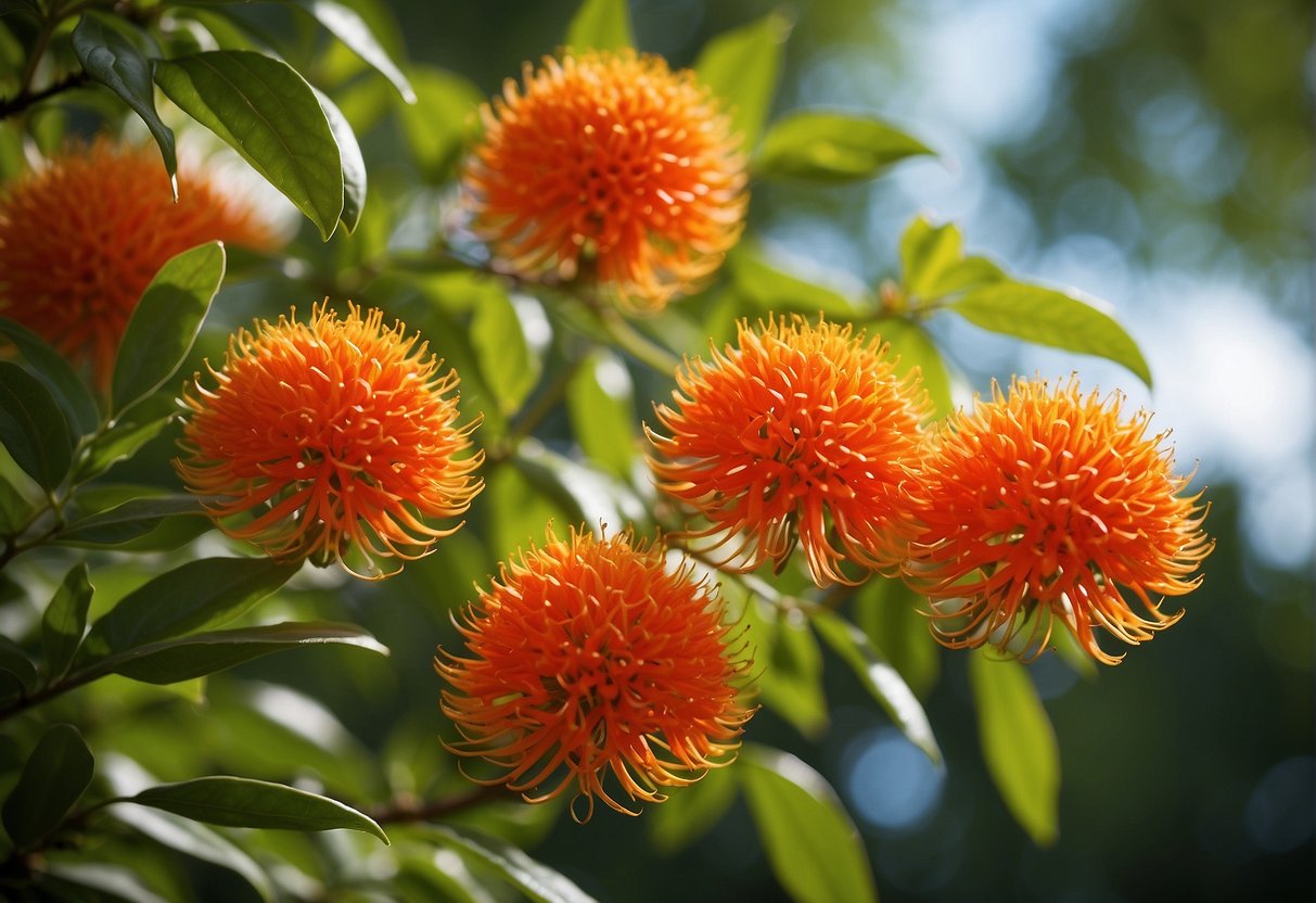 Firebush grows tall, reaching up to 10 feet in height. Its vibrant red-orange flowers bloom amidst lush green leaves, creating a striking and vibrant display in the garden