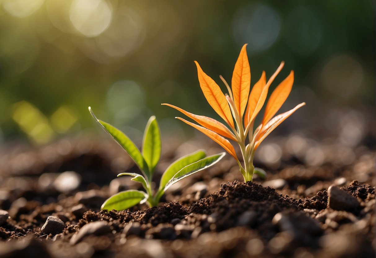 A small firebush seed is planted in rich soil, watered regularly, and placed in a sunny spot. Over time, it sprouts and grows into a vibrant, flowering plant