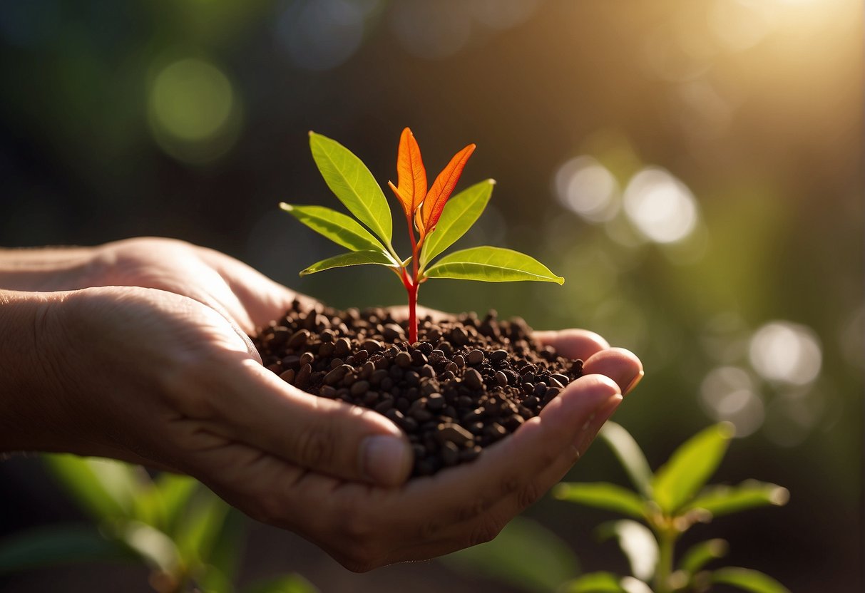 A hand holding a small firebush seed, planting it in rich soil, watering it gently, and placing it in a sunny spot. Time passes, and a vibrant firebush plant grows tall and healthy