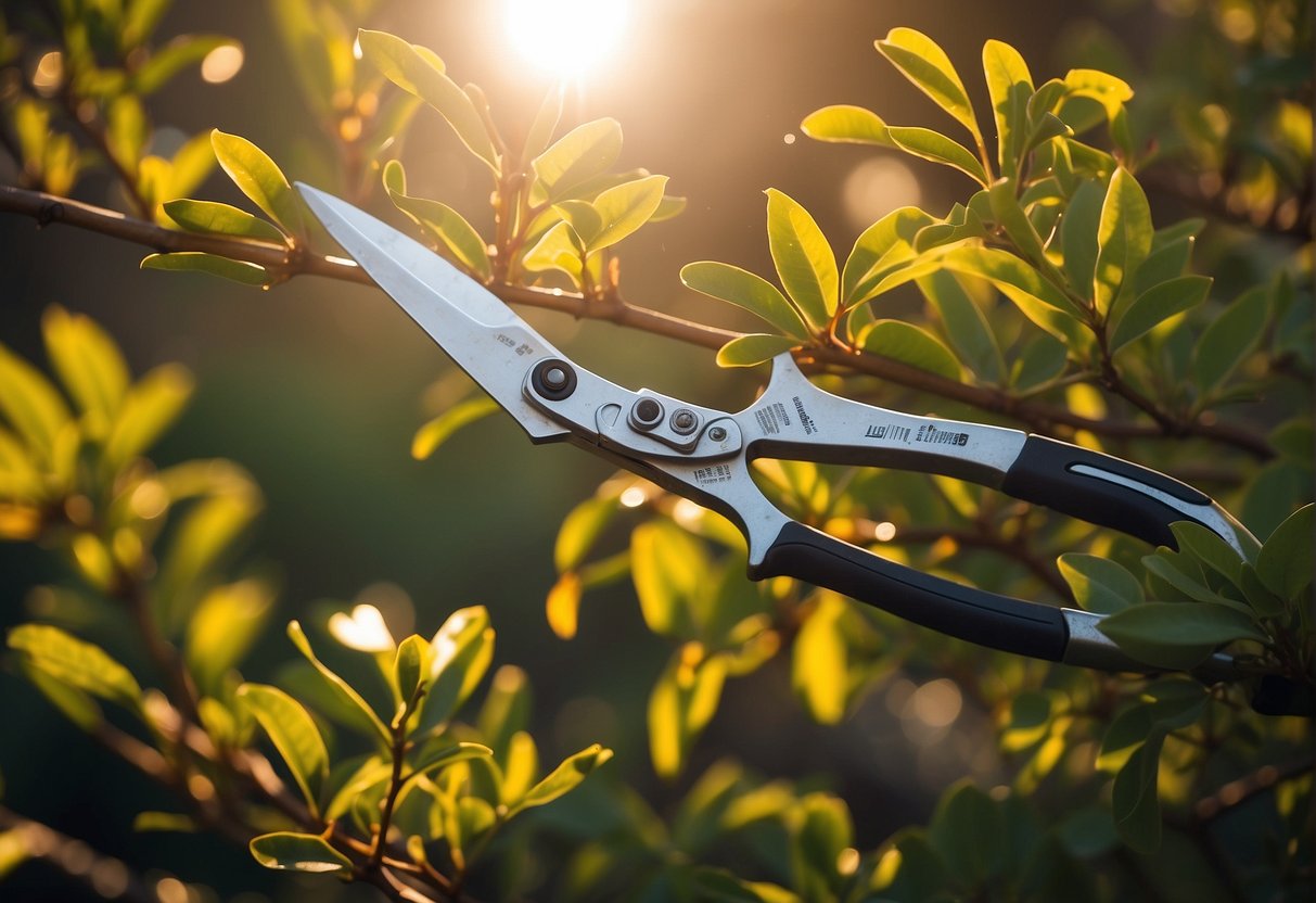 A pair of pruning shears snipping off the overgrown branches of a vibrant firebush plant. The sun shines down on the trimmed foliage, signaling a fresh start for the plant