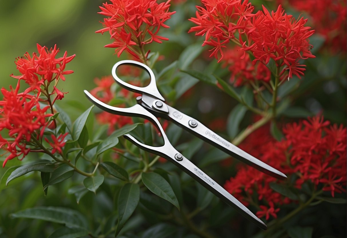 A pair of gardening shears trimming a vibrant firebush plant in a sunny backyard. The plant is lush and full, with bright red flowers blooming