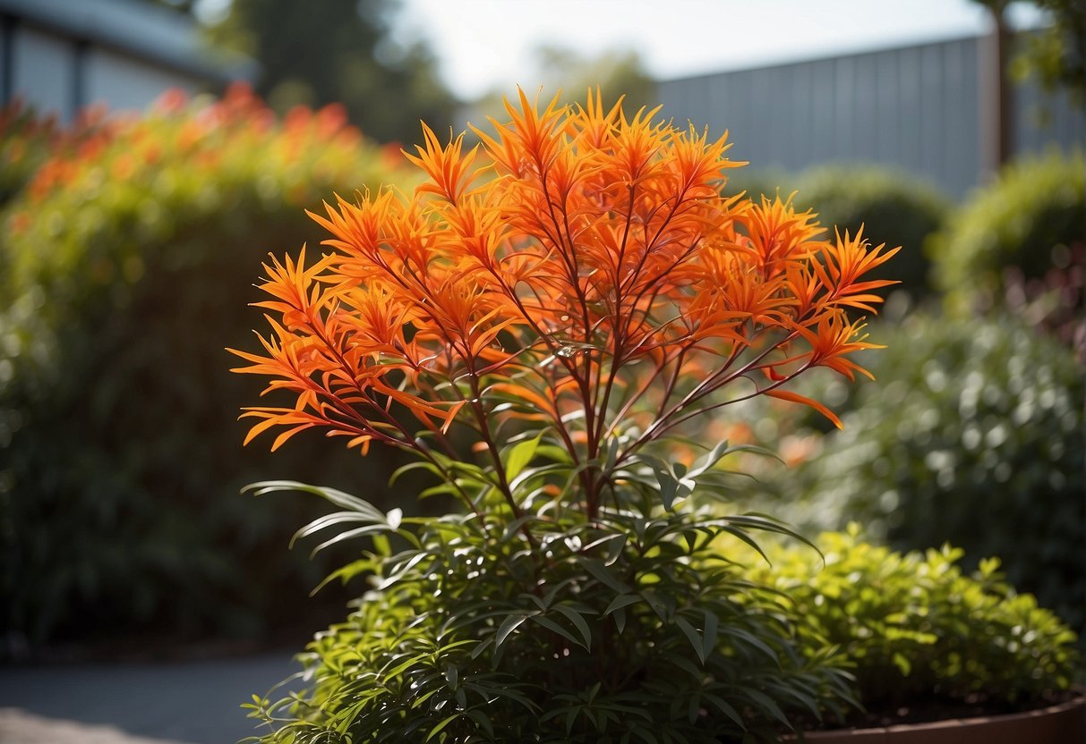 A vibrant firebush stands tall in a well-tended garden, surrounded by complementary plants carefully chosen for their compatibility and aesthetic appeal