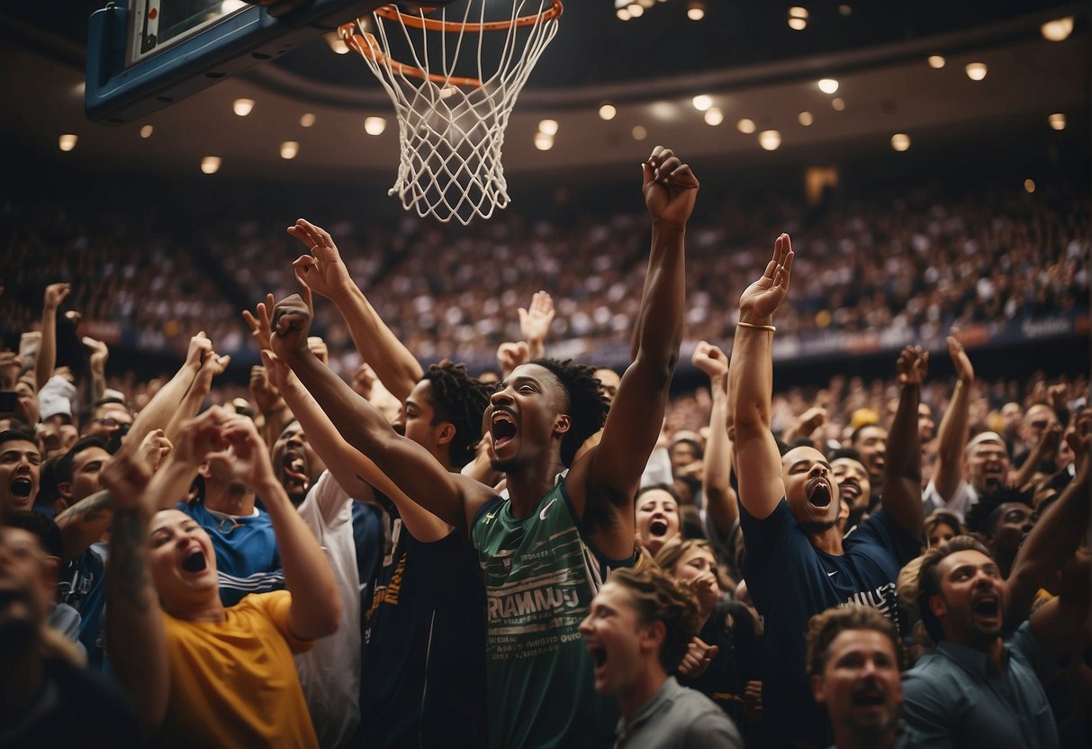 Players celebrate as the basketball bonus is activated, earning extra points and rewards. The crowd cheers as the game intensifies with heightened energy and excitement