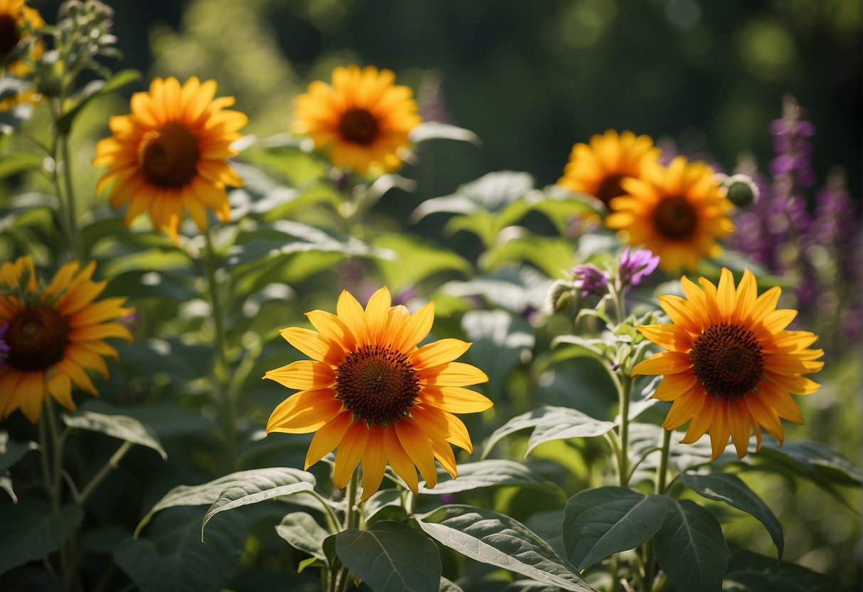 A firebush surrounded by tall, vibrant sunflowers and delicate purple coneflowers, with a backdrop of lush green foliage