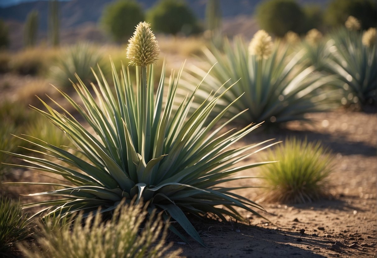 Yucca plants being sprayed with chemical herbicide, with wilted and dying plants in the background