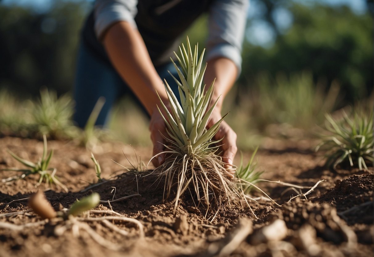 A yucca plant being uprooted and removed from the ground by a person