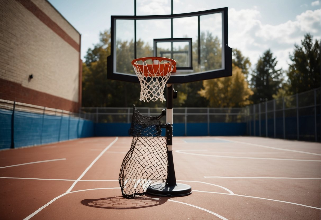 A basketball hoop with a net attached stands at the end of a court, with clear markings indicating the three-point line and the free-throw line