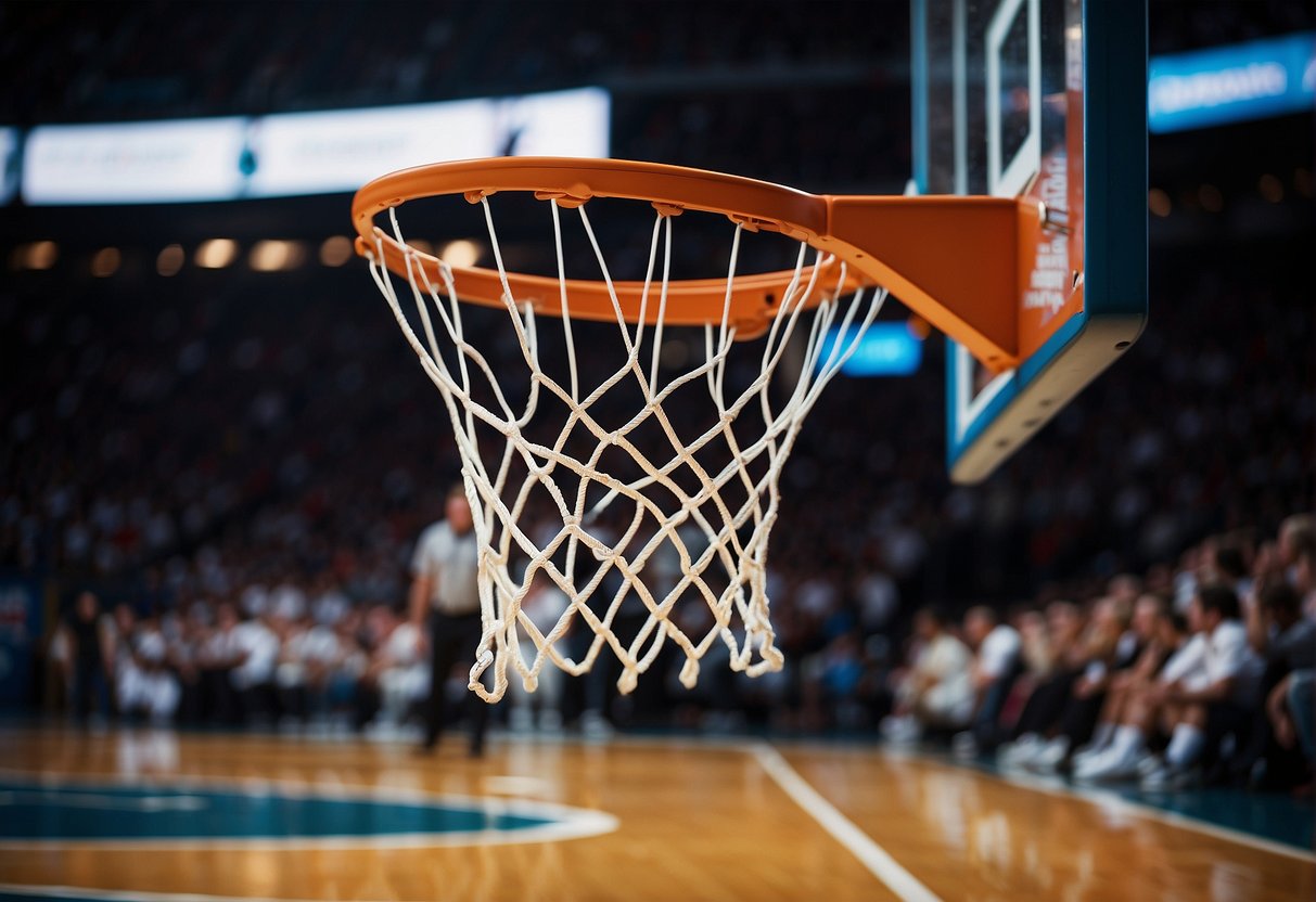 A basketball is being kicked or thrown towards a hoop, with the intention of scoring points. The hoop is elevated and has a net attached to it