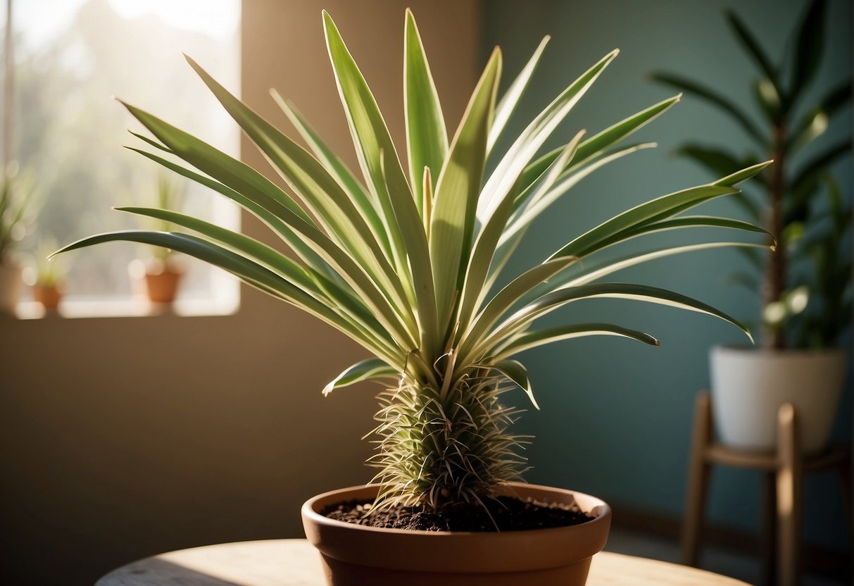 A yucca plant stands tall in a sunlit room, surrounded by well-draining soil and receiving regular watering. It is thriving, with healthy green leaves and a sturdy, upright stem