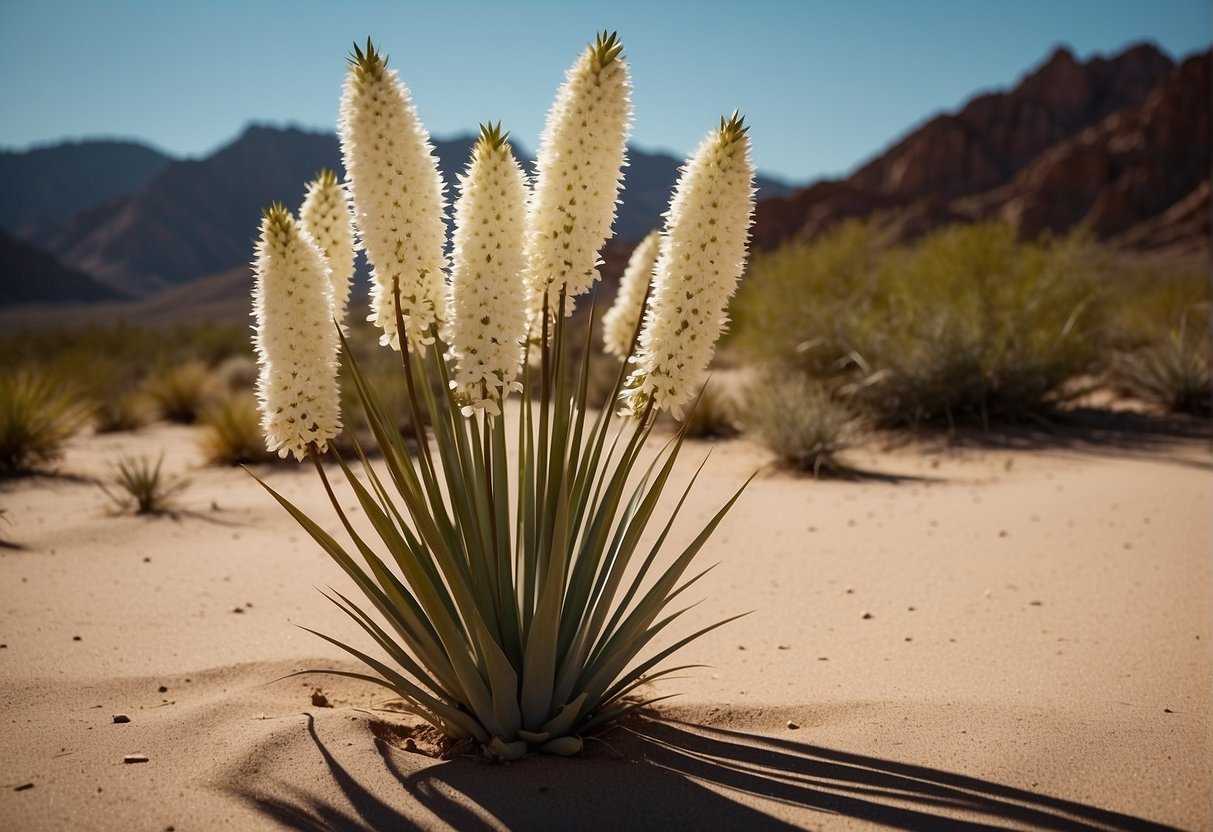 A vibrant yucca plant blooms in the desert, its tall stalk adorned with clusters of white flowers. The sun shines brightly overhead, casting a warm glow on the scene