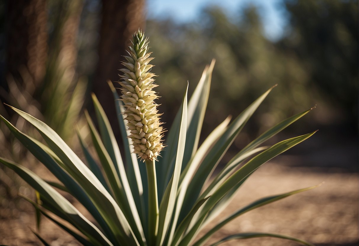 A yucca plant being sprayed with herbicide, with wilted and dying leaves surrounding it