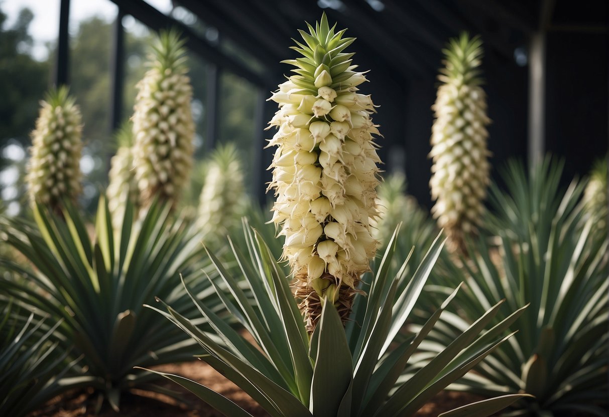 Yucca plants grow tall, reaching up to 30 feet in height, with long, sword-shaped leaves clustered at the top