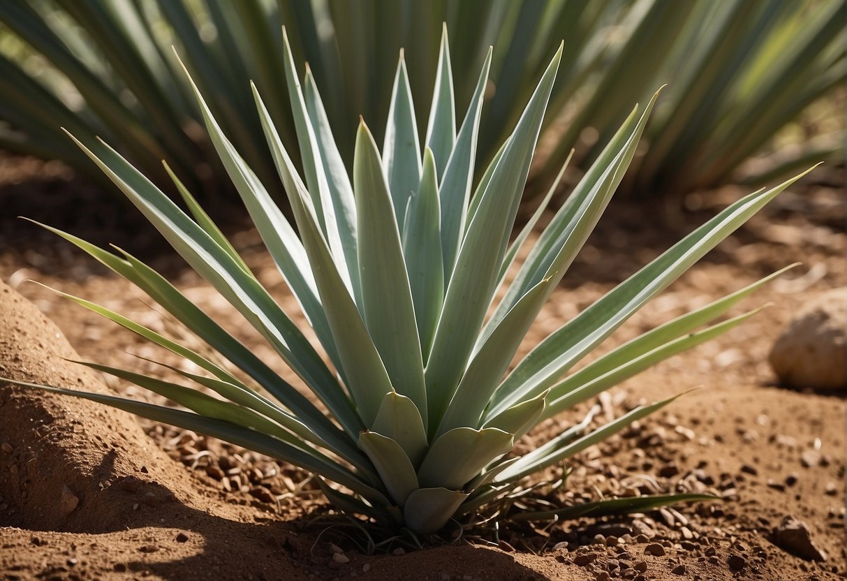 A yucca plant reaching 6 feet in height, with long, sword-like leaves and a sturdy trunk, surrounded by well-maintained soil and receiving ample sunlight