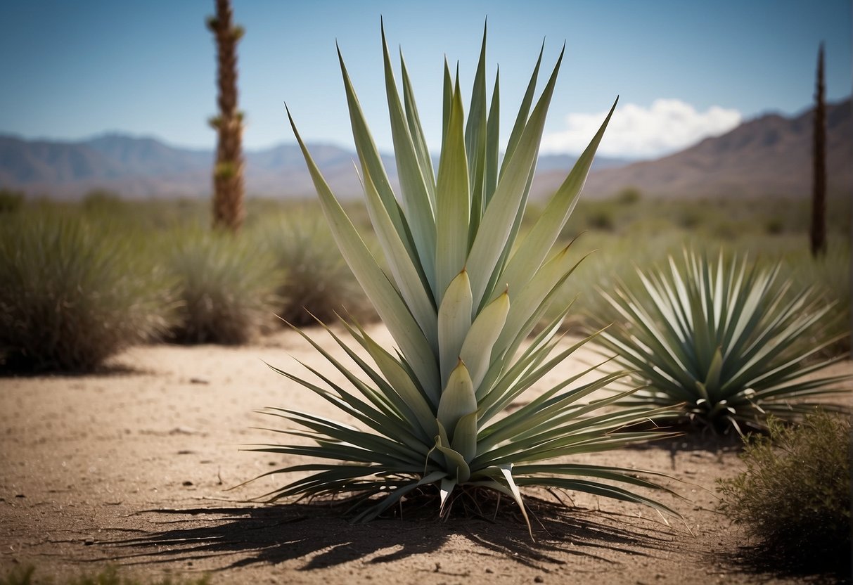 A mature yucca plant standing tall, reaching up to 10 feet in height with long, sword-shaped leaves fanning out from a central stem