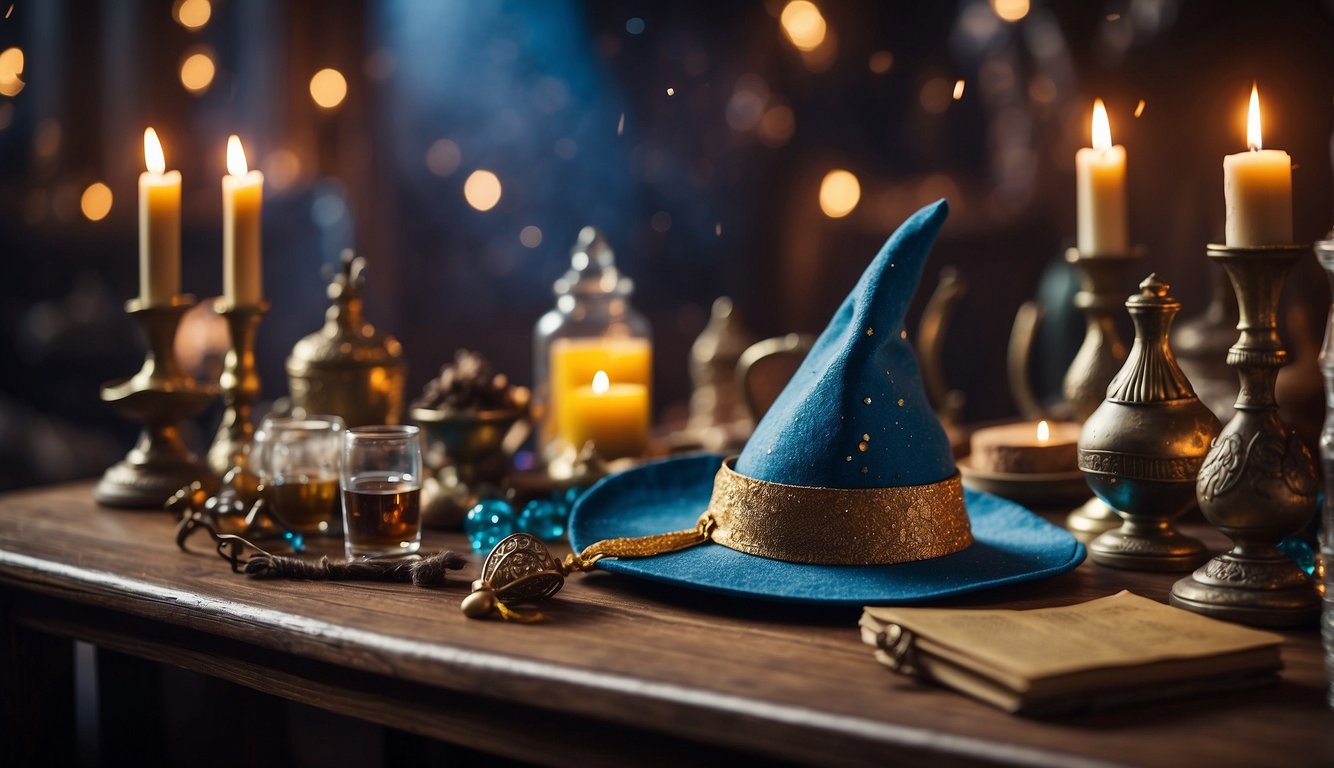 A magical party with wizard-themed decorations, spell books, and a table set with potions and mystical artifacts. A wizard's hat and wand are displayed as the centerpiece