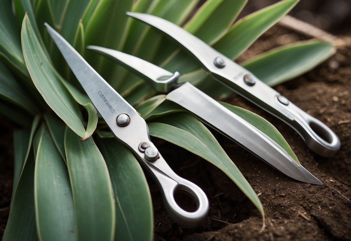 A pair of gardening shears trims yucca leaves, with a pile of cut foliage nearby