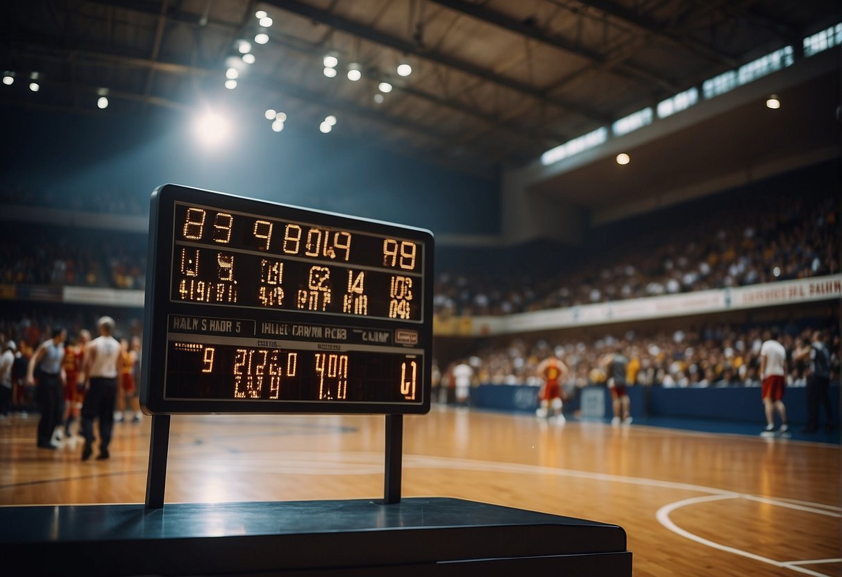 A basketball court with players resting, scoreboard showing halftime duration, and spectators chatting and getting refreshments
