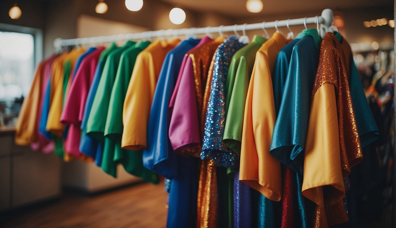 Colorful wizard costumes hanging on a rack for a children's birthday party