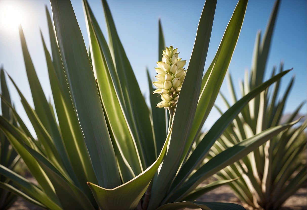 A yucca plant stands tall, reaching up to 30 feet in height. Its long, sword-shaped leaves cluster around a central stalk, creating a striking and distinctive silhouette