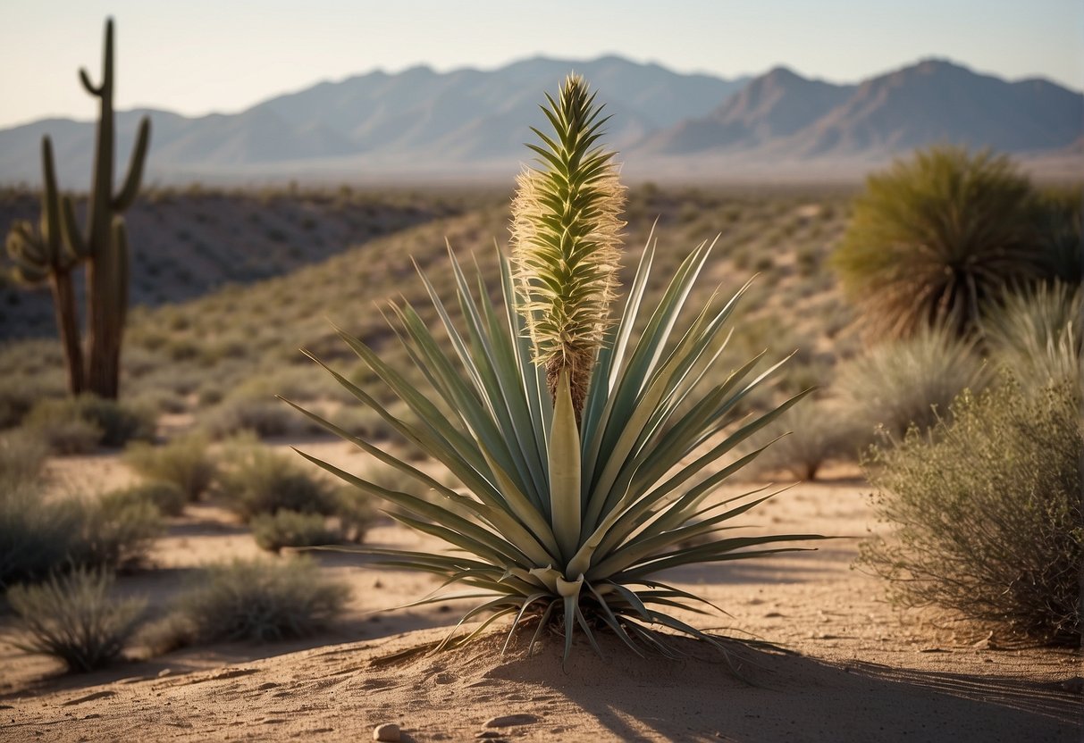 A yucca plant reaches up to 30 feet in height, with long, sword-shaped leaves and a thick, woody trunk. The plant is set against a backdrop of a desert landscape with sandy soil and sparse vegetation