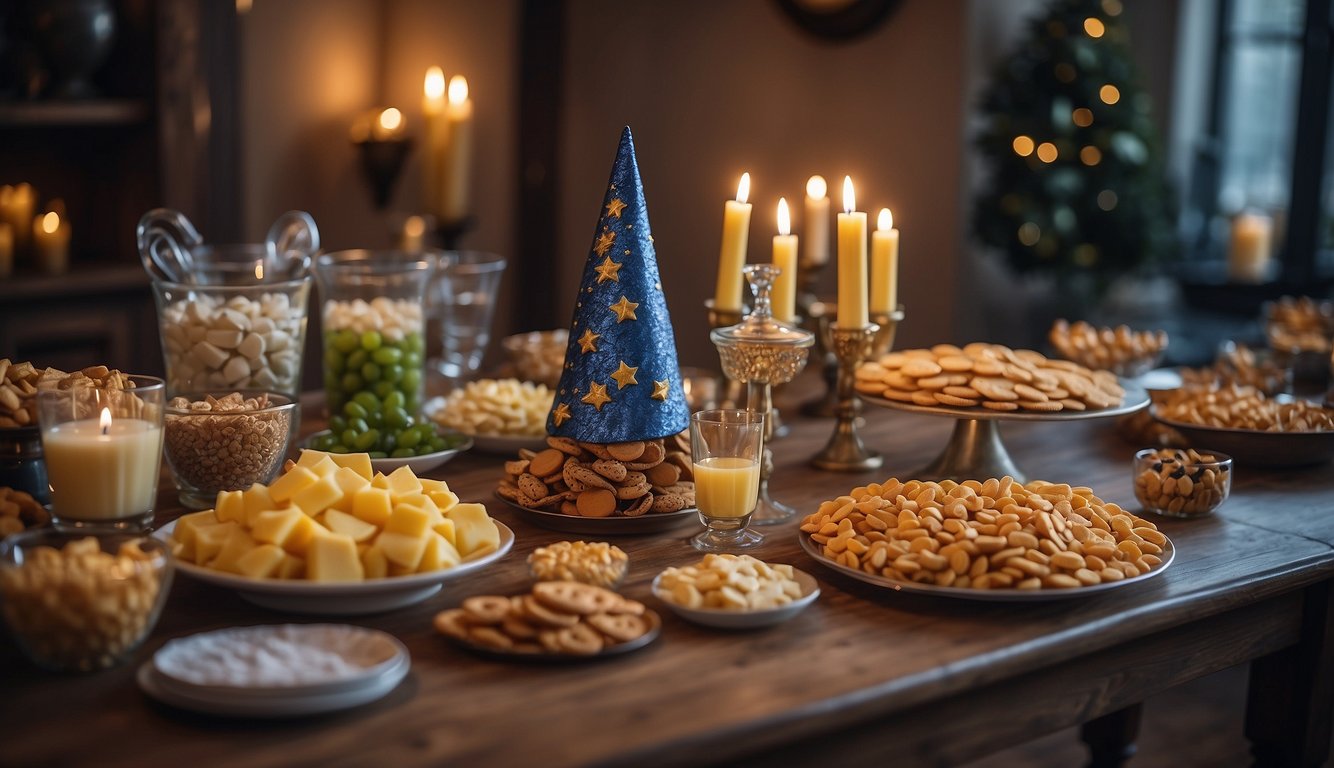 A table adorned with magical snacks and drinks for a children's wizard-themed birthday party