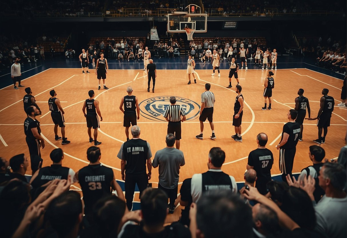 A basketball court with a player surrounded by referees and coaches, illustrating the controversies and limitations of the ows rule in basketball