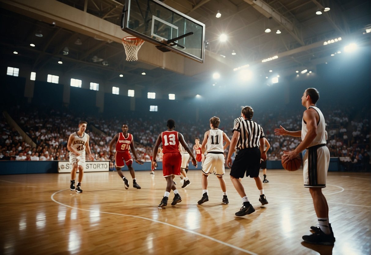 A basketball court with players, a referee, and spectators, showcasing the action of a game while emphasizing the importance of fair play and respect for intellectual property rights