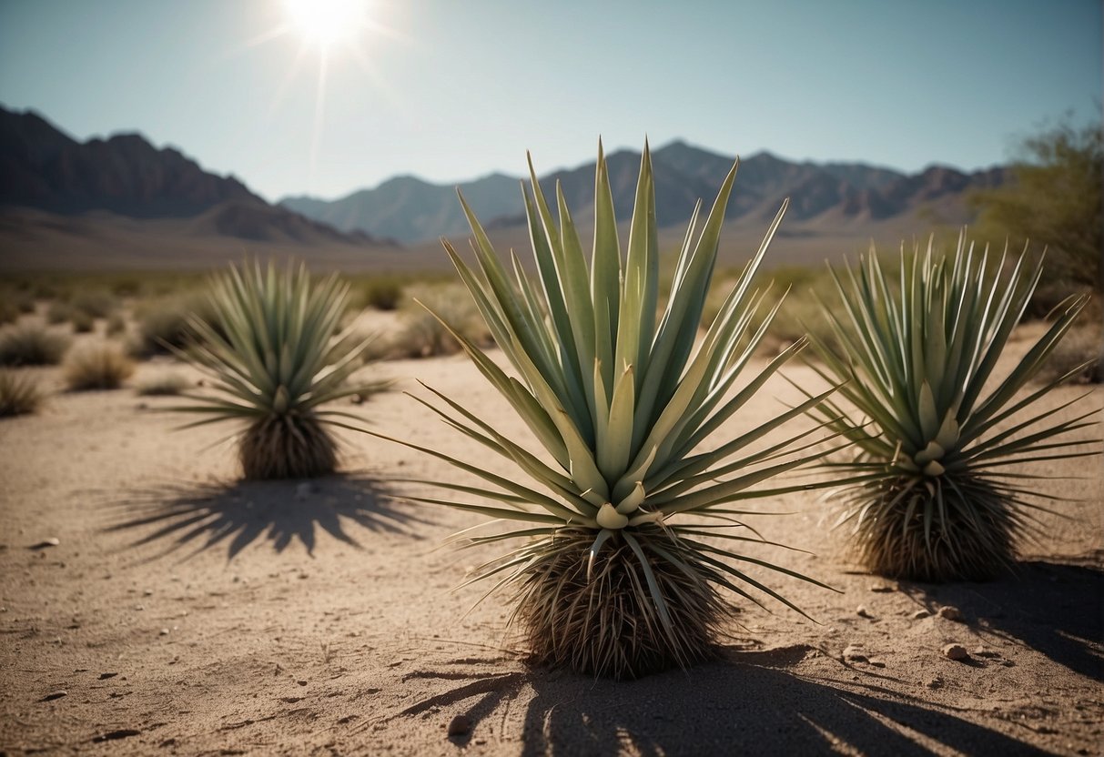 Yucca plants grow in a desert landscape with rocky terrain and sparse vegetation. The sun is high in the sky, casting harsh shadows on the ground