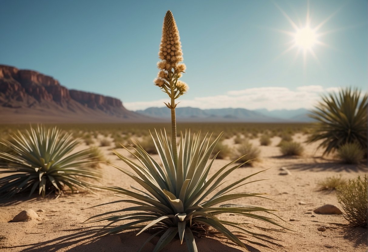 A desert landscape with sandy soil, rocks, and a yucca plant standing tall with long, sword-shaped leaves and a towering flower spike