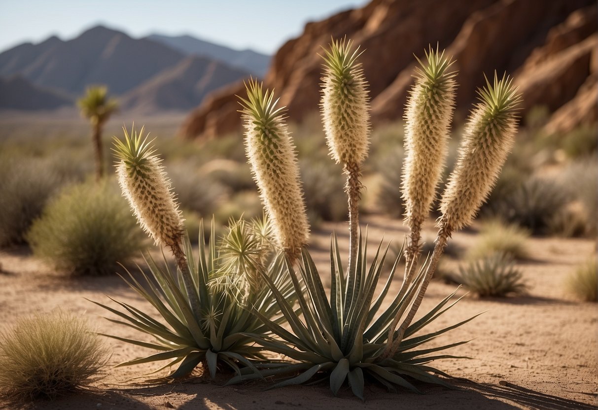 Yucca plants thrive in arid landscapes, their long, sword-like leaves reaching towards the sun. The dry, sandy soil beneath them is dotted with rocks and small desert shrubs
